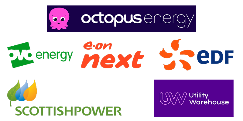 Logos of Octopus, OVO, E.ON Next, EDF, ScottishPower, Utility Warehouse.